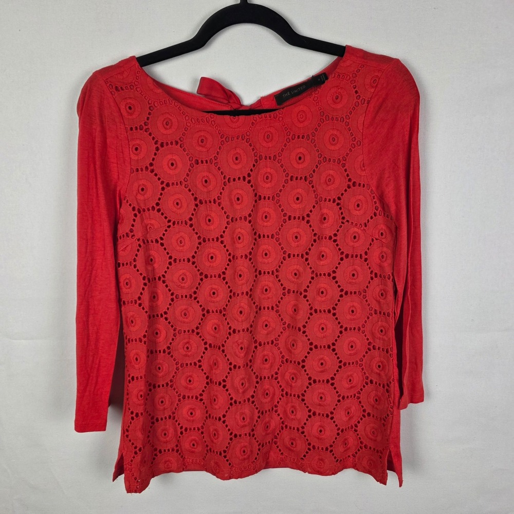 The Limited Red Eyelet Lace Front Top Tie Back 3/4 Sleeve Blouse‎ Small NEW